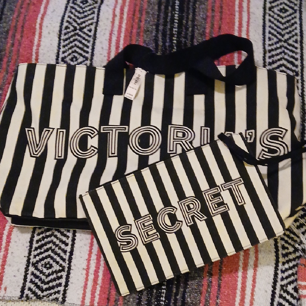 Victoria's Secret Black and White Striped Tote Set